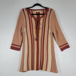 Entro Tunic Sweater Women Large Top Knit Tassel 3/4 Sleeve Stripe Boho 70s Retro